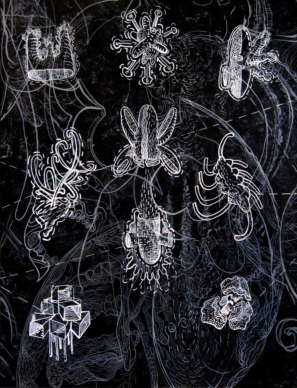 Advancing Unknowns Part 2b, India ink on panel, 18" x 24"