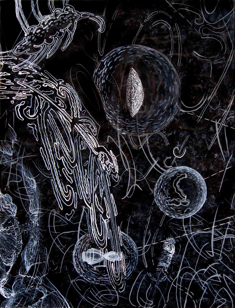 Advancing Unknowns Part2a, India ink on panel, 18" x 24"