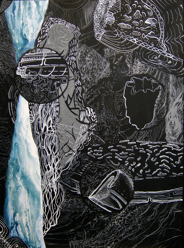 Dividends and Mysteries, India ink on panel, 18"x 24"