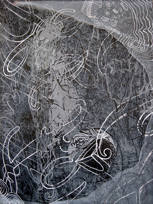 The Danger of Verbs, India ink on panel, 18" x 24"